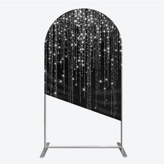 Lofaris Elegant Black and Silver Glitter Round Top Arch Backdrop with Sparkling Stars, Festive Party Decor