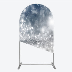 Lofaris Sparkling Silver Glitter and Blue Snowflakes Round Top Arch Backdrop, Elegant Winter Holiday Party Decor