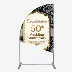 Lofaris Elegant Black Gold Floral Damask 50th Wedding Anniversary Half Moon Arch Backdrop, Congratulations Party Decor