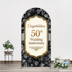 Lofaris Elegant Black Gold Floral Round Top Arch Backdrop for 50th Wedding Anniversary, Congratulations Celebration