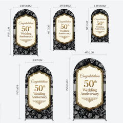 Lofaris Elegant Black Gold Floral Round Top Arch Backdrop for 50th Wedding Anniversary, Congratulations Celebration
