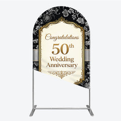 Lofaris Elegant Black Gold Floral Round Top Arch Backdrop for 50th Wedding Anniversary, Congratulations Celebration