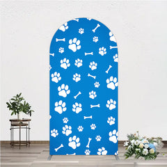 Lofaris Blue and White Paw Print and Bone Pattern Round Top Arch Backdrop, Adorable Pet Themed Party Decor