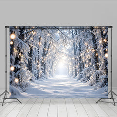 Lofaris Enchanting Snowy Forest Photography Backdrop with Warm String Lights, Winter Wonderland Holiday Decor