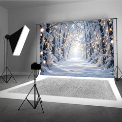 Lofaris Enchanting Snowy Forest Photography Backdrop with Warm String Lights, Winter Wonderland Holiday Decor