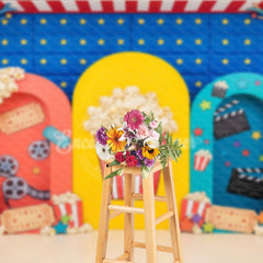 Lofaris Vibrant Movie Night Popcorn Film Photography Backdrop with Red Blue Yellow Arches, Carnival Theme Birthday Party Decor