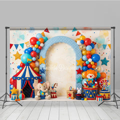 Lofaris Vibrant Circus Tent and Balloon Arch Photography Backdrop, Featuring Clown Elephant for Carnival Birthday Party