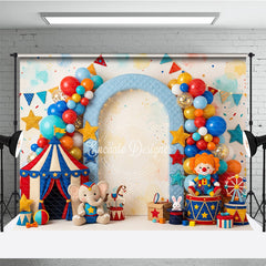 Lofaris Vibrant Circus Tent and Balloon Arch Photography Backdrop, Featuring Clown Elephant for Carnival Birthday Party