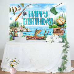 Blue Lake Wood Boat Fishing Happy Birthday Backdrop