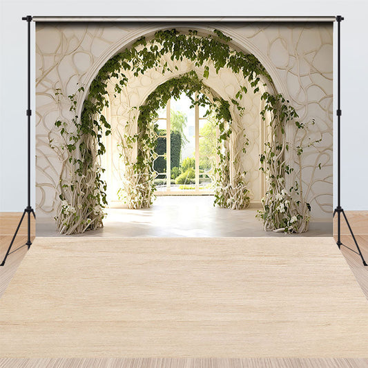Lofaris Sunlit Garden Archway with Green Vines Combo Set Backdrop, Elegant Castle Architecture Photo Background