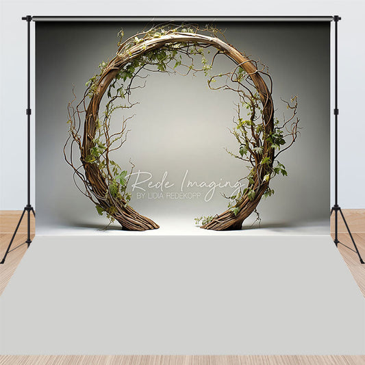 Lofaris Rustic Branch Wreath and Green Leaves Combo Set Backdrop, Natural Circular Arch Photography Background