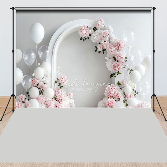 Lofaris White Arch with Pink Peonies and Balloons Combo Set Backdrop, Elegant Floral Wedding Photo Background