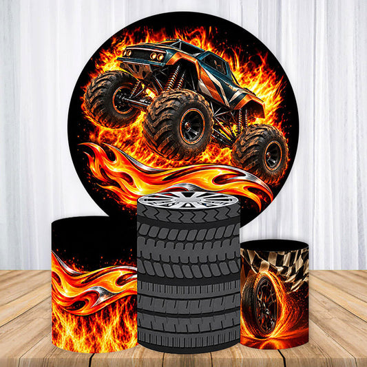 Lofaris Fiery Monster Truck Racing Tire and Checkered Flag Round Backdrop Kit, Thrilling Birthday Party Decor