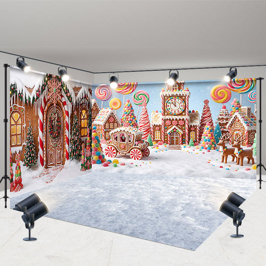 Lofaris Festive Gingerbread Village Candy Land Room Set Backdrop with Lollipops and Reindeer, Whimsical Christmas Holiday Decor