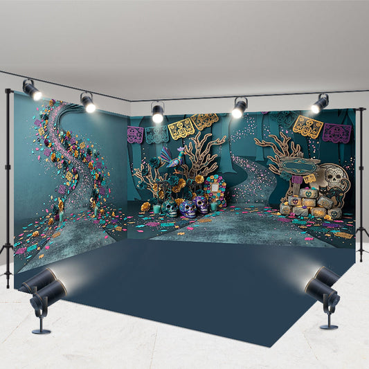 Lofaris Vibrant Teal and Purple Day of the Dead Sugar Skull Room Set Backdrop, Festive Halloween Celebration Decor