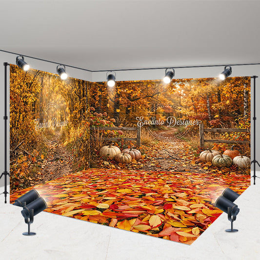 Lofaris Vibrant Autumn Forest Path with Fallen Leaves and Pumpkins Room Set Backdrop, Warm Fall Harvest Photography Decor