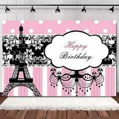 Lofaris Elegant Pink Floral Eiffel Tower Happy Birthday Backdrop, Perfect Party Decoration for Women