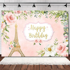 Lofaris Elegant Pink Floral Eiffel Tower Happy Birthday Backdrop, Perfect Party Decoration for Women