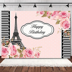 Lofaris Elegant Pink Floral Eiffel Tower Happy Birthday Backdrop, Perfect Party Decoration for Women