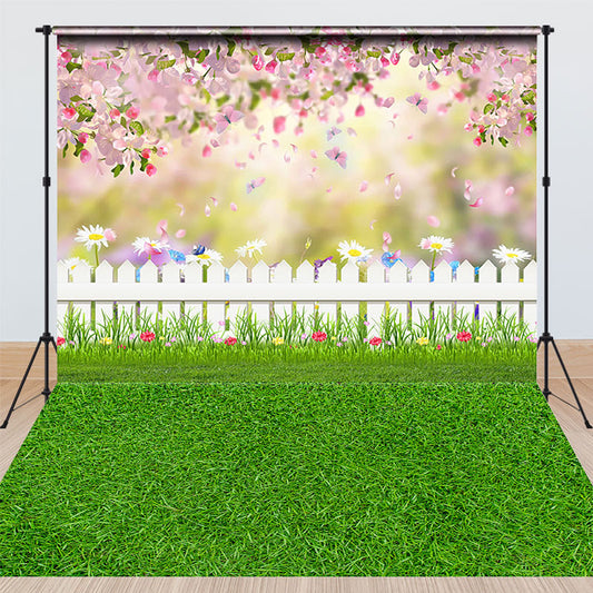 Lofaris Spring Garden Combo Set Backdrop, Pink Flower Fence Grass Photography Prop, Easter Butterfly Nature Photo Background