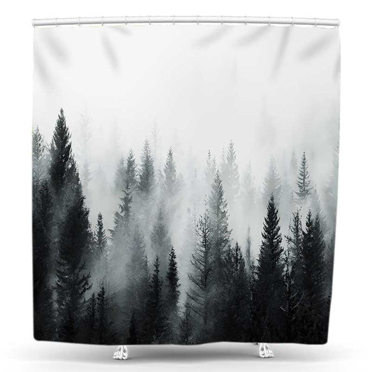 Lofaris Misty Pine Forest Shower Curtain, Foggy Nature Tree Landscape Bathroom Decoration, Modern Farmhouse Grey Woodland Bath Set