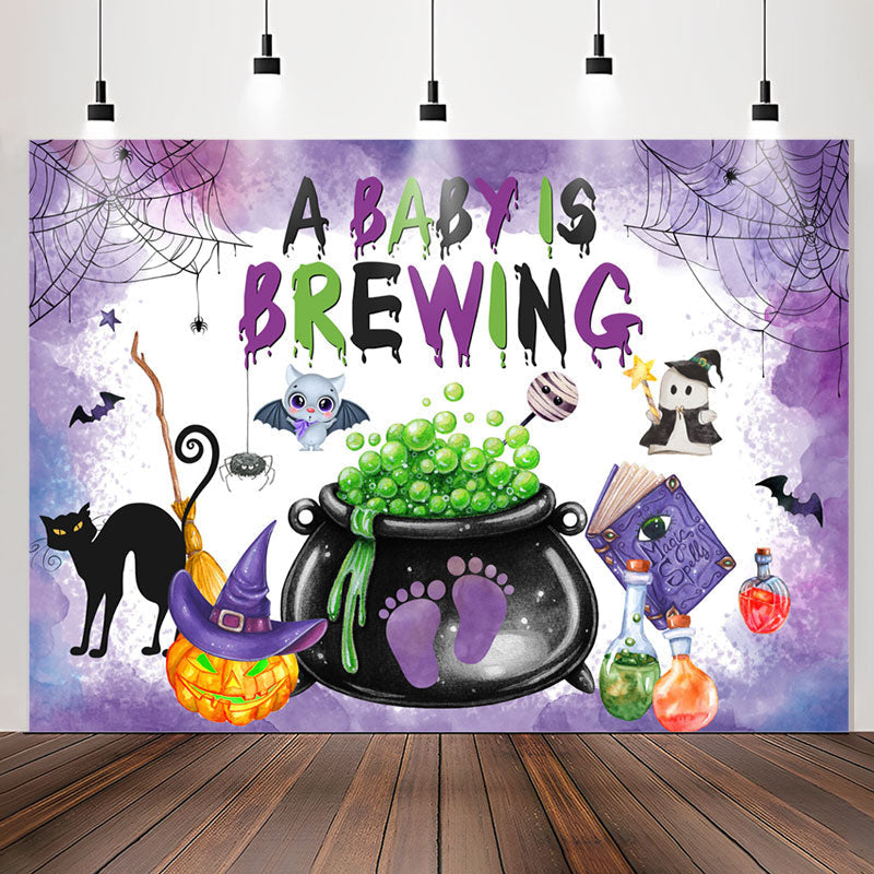 Lofaris A Baby Brewing Halloween Purple Shower Backdrop