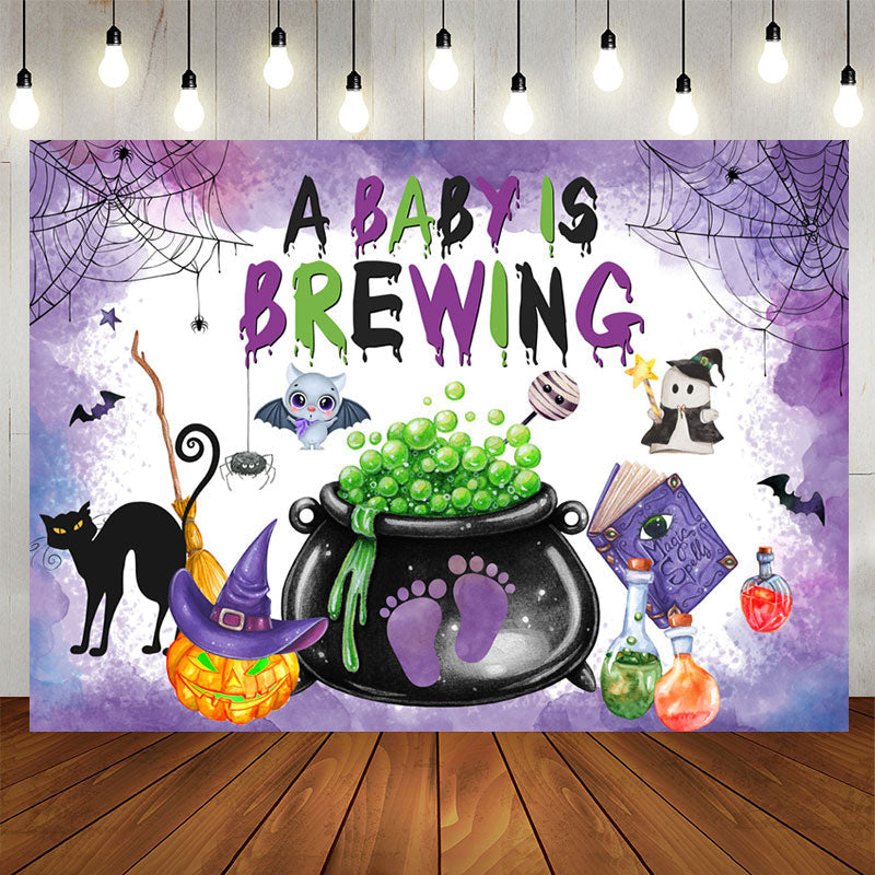 Lofaris A Baby Brewing Halloween Purple Shower Backdrop