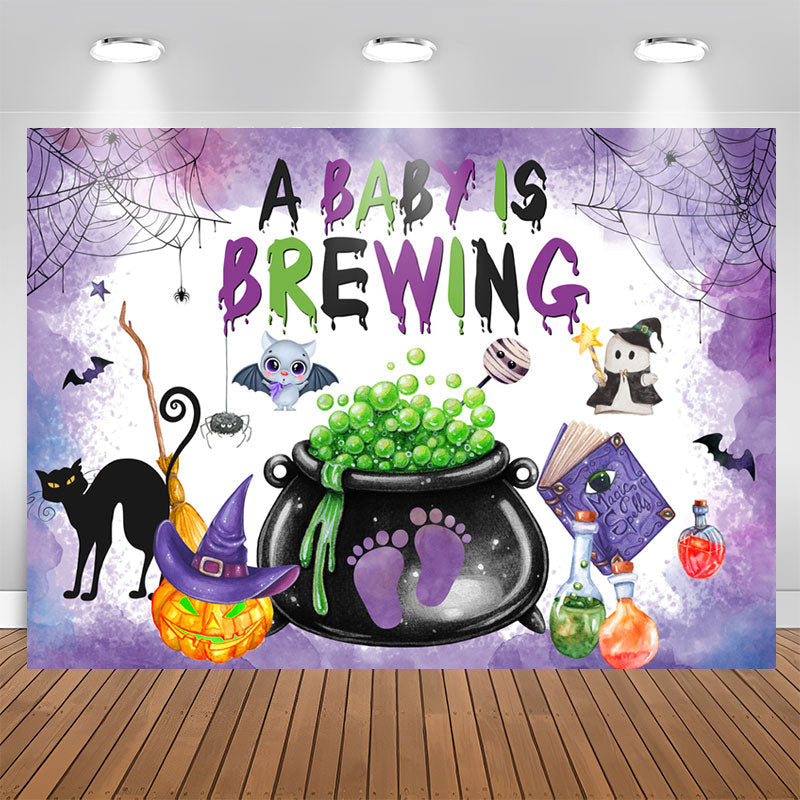 Lofaris A Baby Brewing Halloween Purple Shower Backdrop