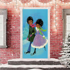 Lofaris A Couple Skating Blue Snowy Christmas Door Cover