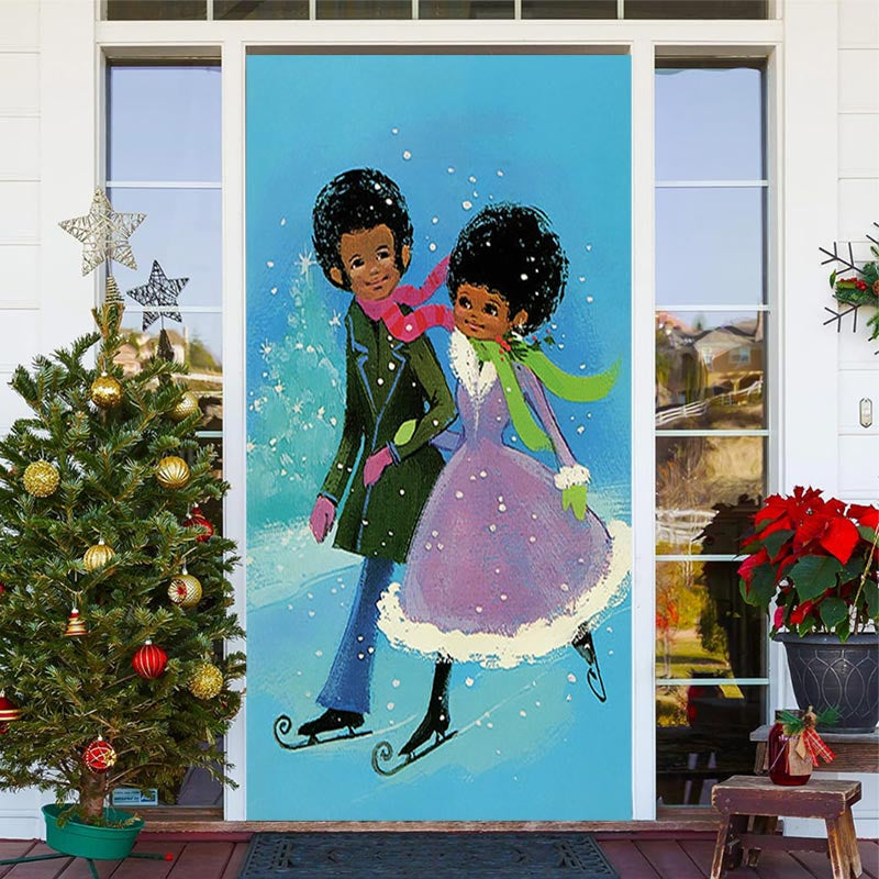 Lofaris A Couple Skating Blue Snowy Christmas Door Cover