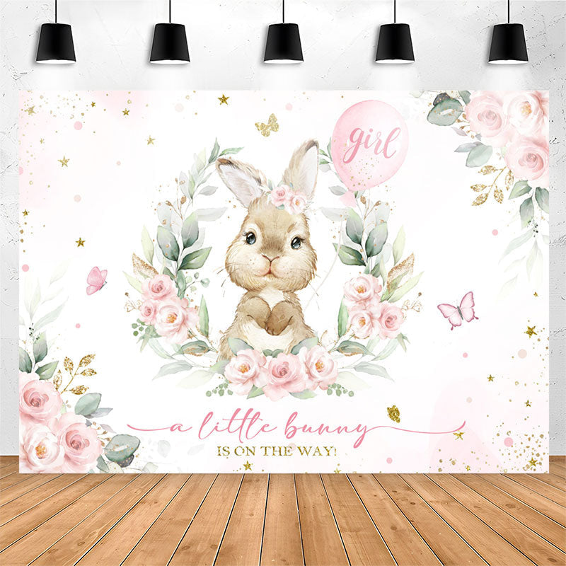Lofaris A Little Bunny Girl Pink Floral Baby Shower Backdrop