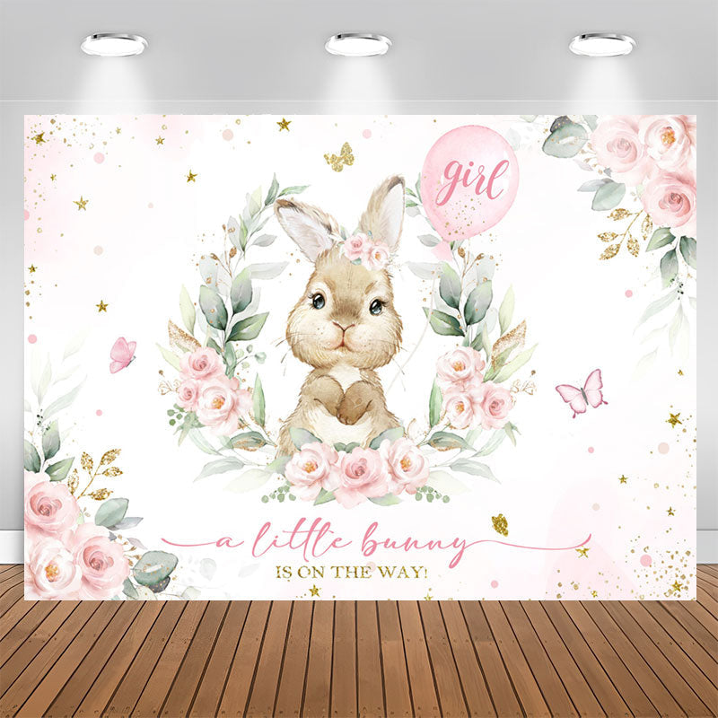 Lofaris A Little Bunny Girl Pink Floral Baby Shower Backdrop