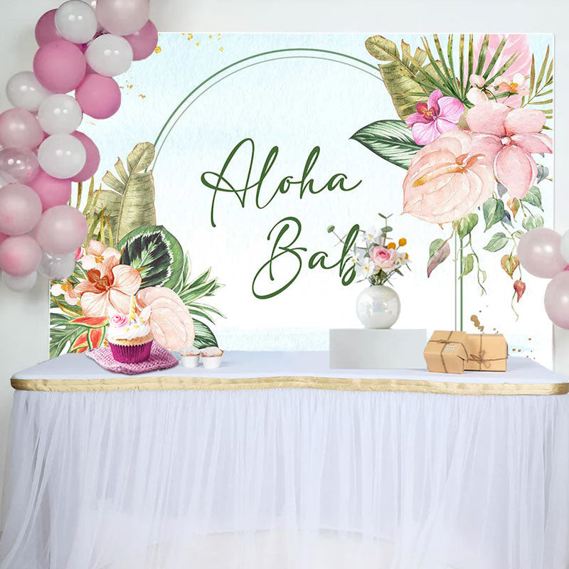 Lofaris Aloha Baby Greenery Floral Blue Shower Backdrop