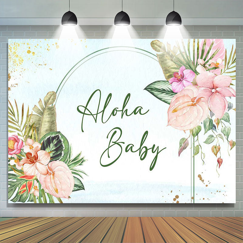 Lofaris Aloha Baby Greenery Floral Blue Shower Backdrop