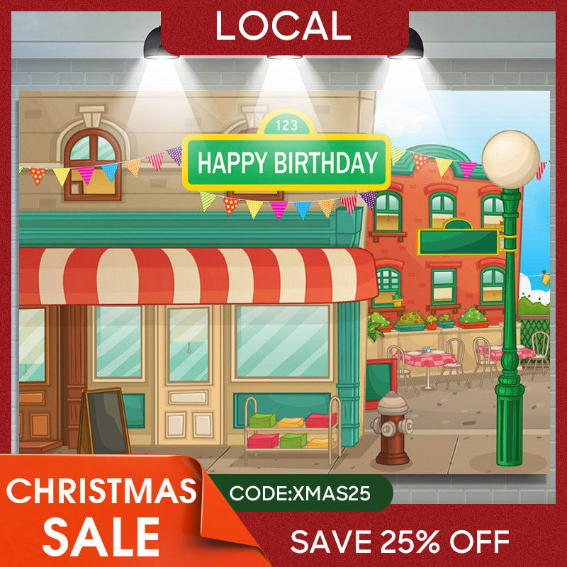 Lofaris (7 Day Delivery) Animated House Street Theme Birthday Backdrop