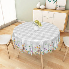 Lofaris Aperturee Grey White Buffalo Plaid Round Tablecloth with Cute Bunnies and Spring Floral Border Easter Decor