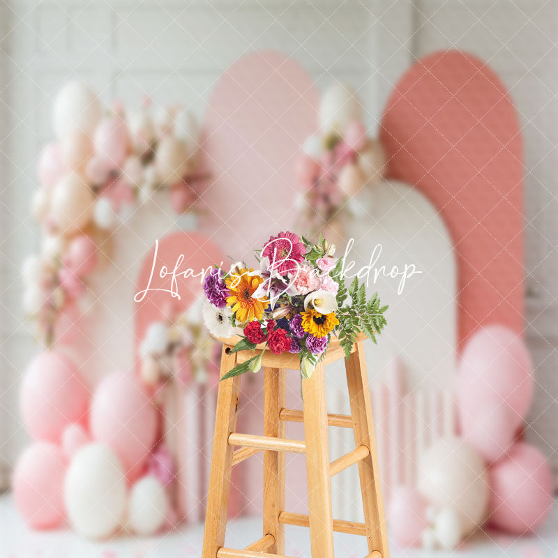 Lofaris Arch Balloons Floral White Pink Cake Smash Backdrop