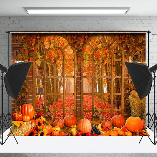 Lofaris Arch Window Autumn Maple Leaves Pumpkin Photo Backdrop