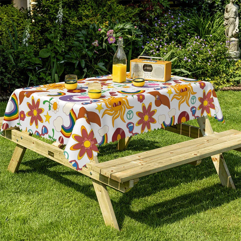 Lofaris Artwork Rainbow Sun Moon Flower Rectangle Tablecloth
