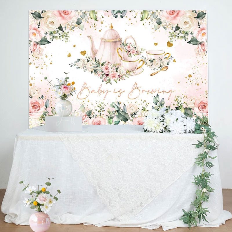 Lofaris Baby Brewing Pink Floral Tea Cup Shower Backdrop
