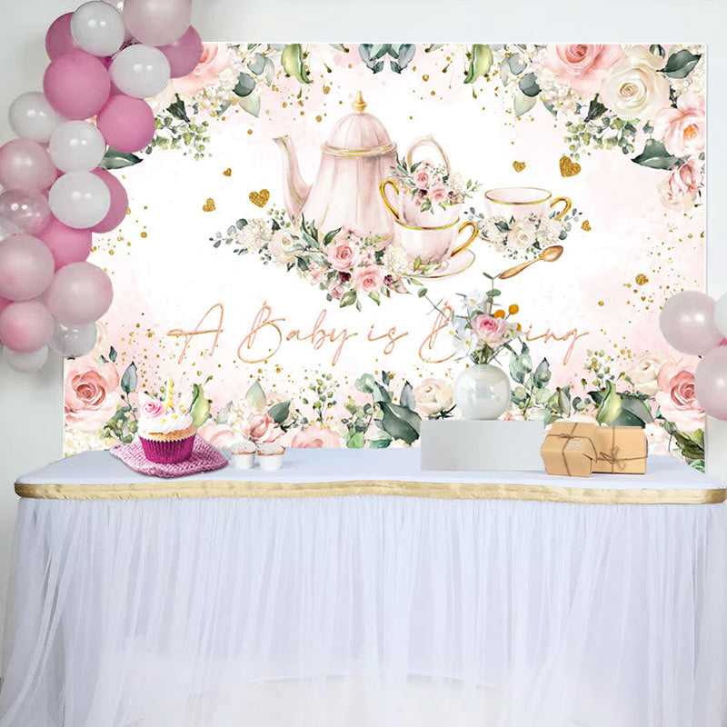 Lofaris Baby Brewing Pink Floral Tea Cup Shower Backdrop