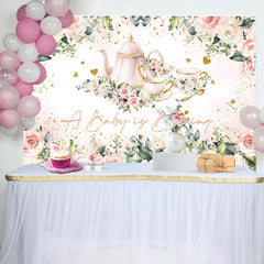 Lofaris Baby Brewing Pink Floral Tea Cup Shower Backdrop