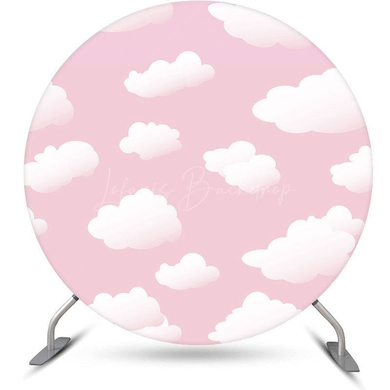 Lofaris Baby Pink White Clould Round Birthday Party Backdrop