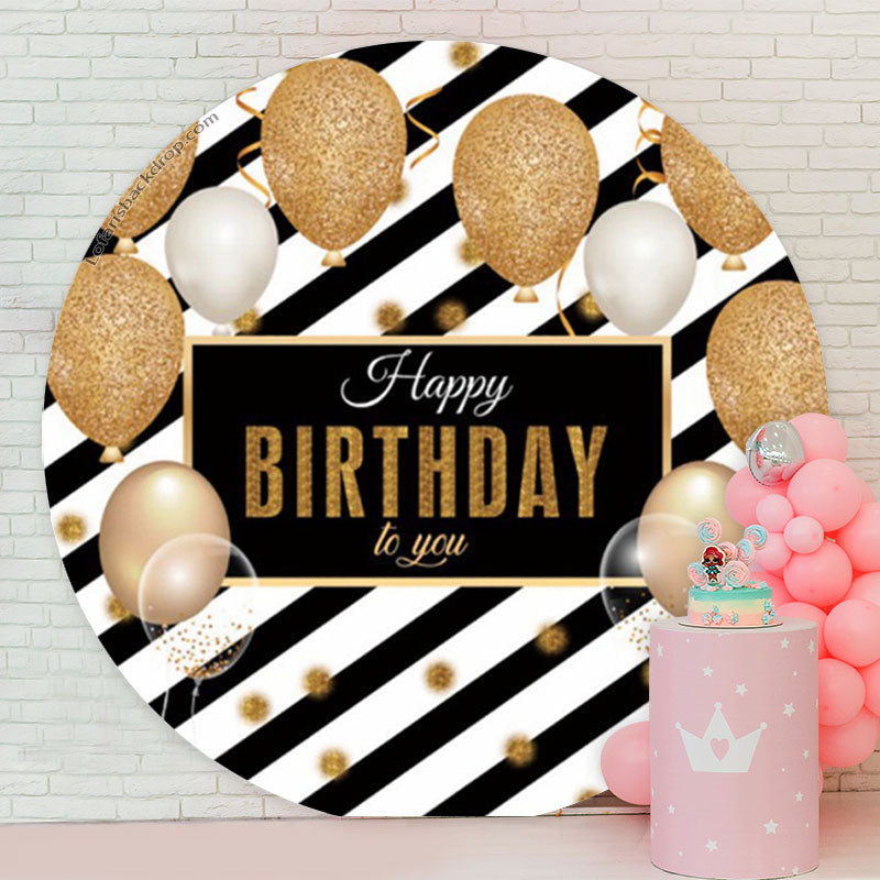 Lofaris Balloon Black Gold Stripes Birthday Round Backdrop