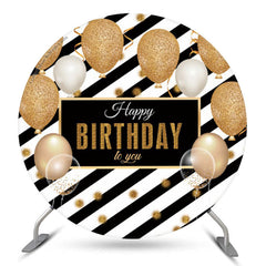 Lofaris Balloon Black Gold Stripes Birthday Round Backdrop