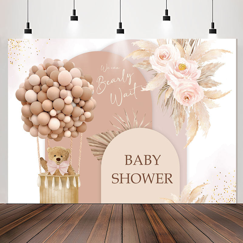Lofaris Balloon Floral Bear Beige Backdrop For Baby Shower