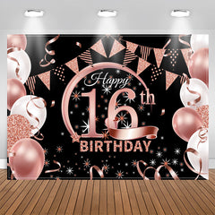 Lofaris Balloons Pink Sparkling Black 16th Birthday Backdrop