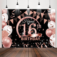 Lofaris Balloons Pink Sparkling Black 16th Birthday Backdrop