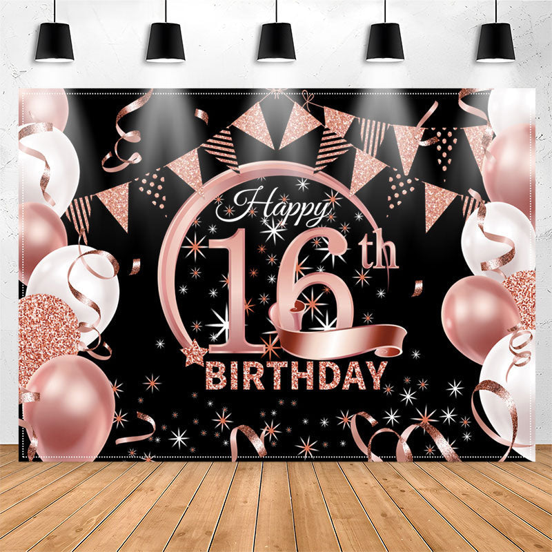 Lofaris Balloons Pink Sparkling Black 16th Birthday Backdrop