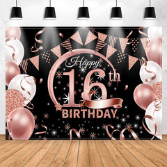 Lofaris Balloons Pink Sparkling Black 16th Birthday Backdrop